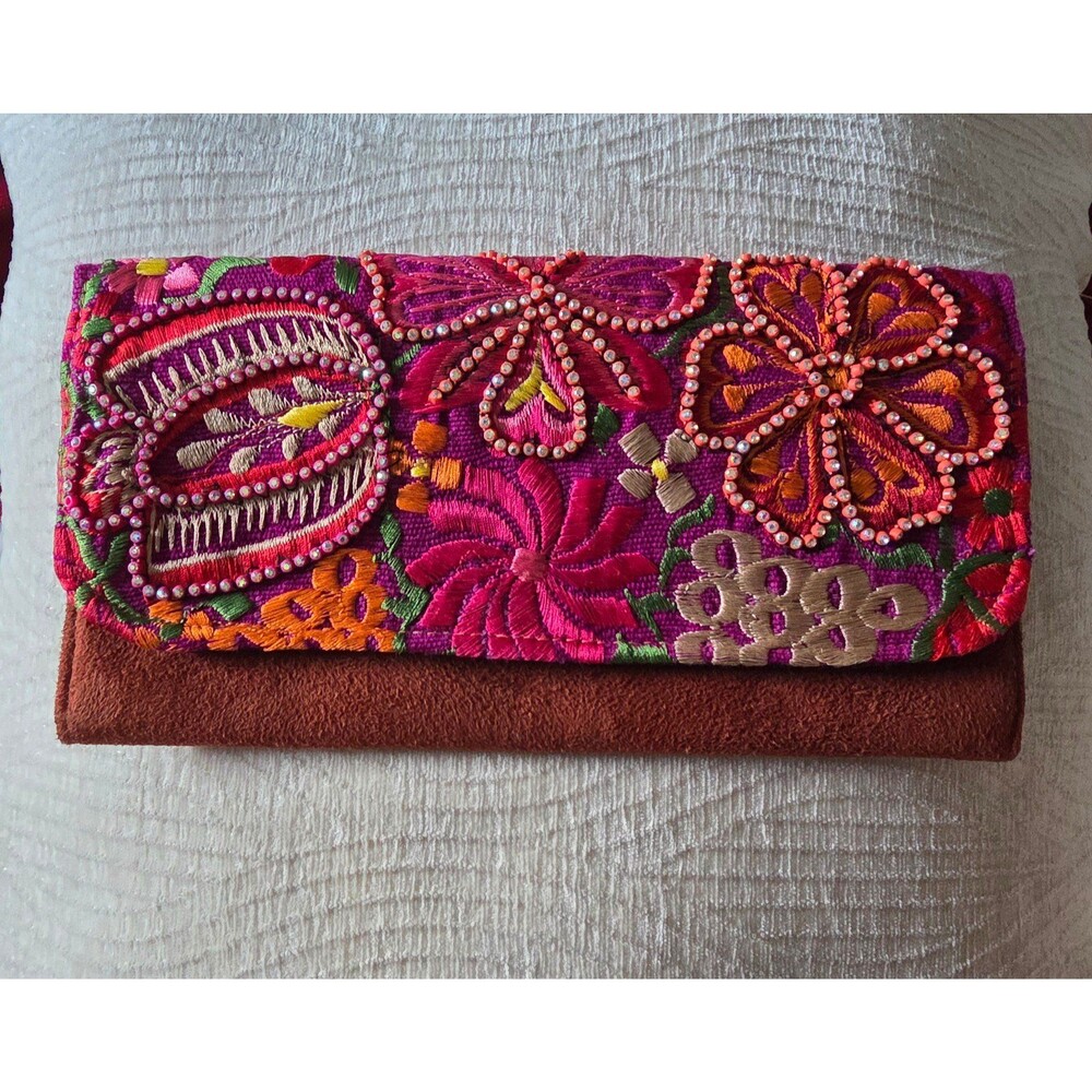 Vintage-Style Floral Embroidered Flap Purse with Rhinestone Accents and Mexi